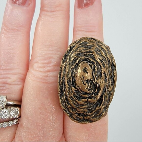 J.Fein Size 7 Boho Gilt Bronze Large High Profile Wooden Statement Ring - Picture 2 of 13